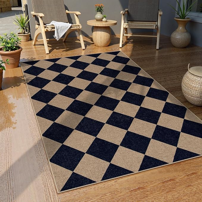 Lahome Checkered Easy Jute Entry Rug, 3x5 Black Outdoor Patio Rug for Living Room Farmhouse Neutral Carpet, Washable Non Slip Indoor Door Mat Diamond Carpet for Front Door Deck Camping-Ruum Studio Home