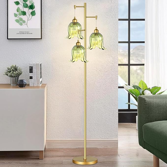 Gold Floor Lamp for Living Room,Bedroom,Tree 3 Light Standing Lamp Mid Century Modern Brass Tall Floor Lamps Vintage Retro Floor Lights Green Glass Flower Lamp Shade Farmhouse Boho Bohemian-Ruum Studio Home