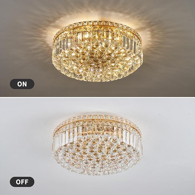 6-Lights Gold Crystal Flush Mount Chandelier Light Fixture K9 Crystals Modern Ceiling Lights Elegant Pendant Lamp for Bedroom,Hallway,Bar,Living Room,Dining Room,H5.9 xW20 (Bulbs Not Included)-Ruum Studio Home