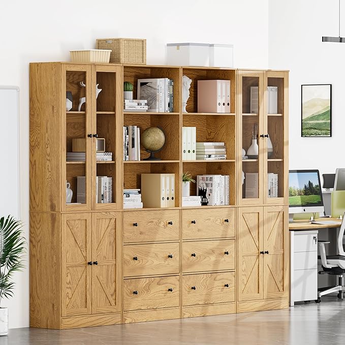 71" Tall Bookshelves Set of 4, 2 Bookcases with Drawers & 2 Bookshelves with Doors, Wooden Bookshelves Floor Standing Display Storage Shelves Home Decor Furniture for Home Office, Living Room-Ruum Studio Home