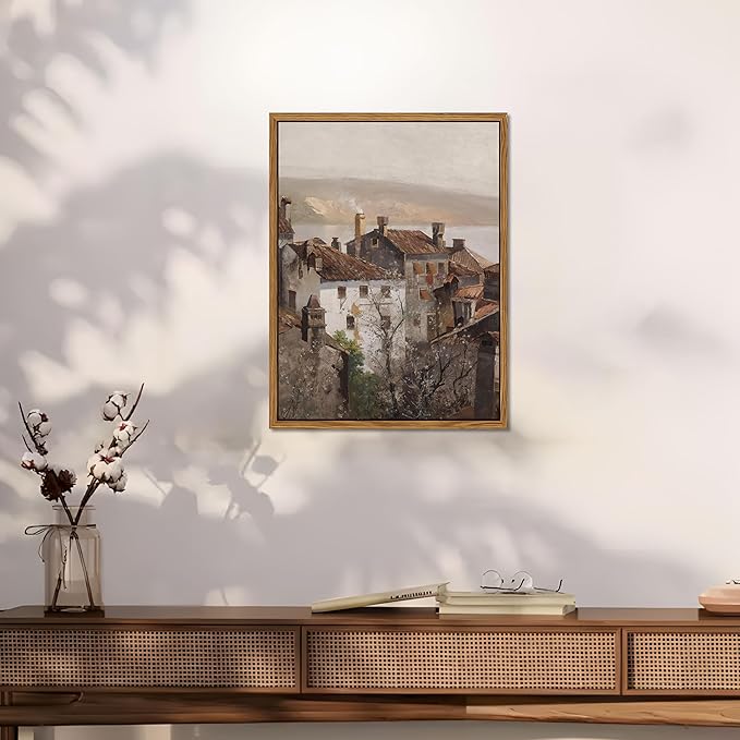 Floating Framed Vintage Canvas Wall Art, European Country Towns Wall Decor Oil Paintings Artwork, Rustic Farmhouse Posters Prints Pictures for Living Room Hallway Bedroom 16x24 inch-Ruum Studio Home