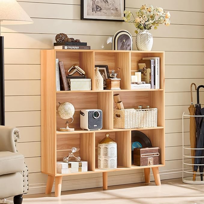 LEYAOYAO Wooden 8 Cube Book Shelf, Natural 3 Tier Bookshelf with Legs, Modern Open Storage Organizer,Boho Bookcase,Display Cabinet Shelf Free Standing Bookshelves for Bedroom,Living Room,Office-Ruum Studio Home
