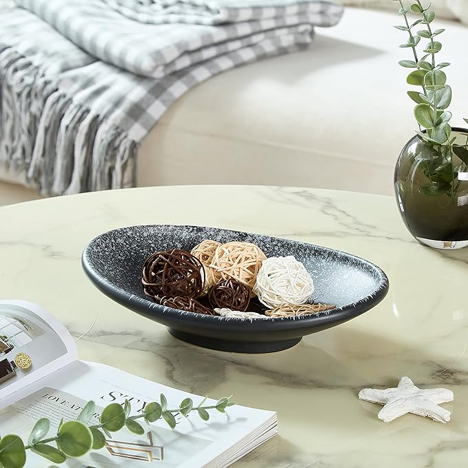 Oval Ceramic Decorative Bowl, Key Dish for Entryway Table, Small Home Decor Accent, Trinket Tray for Office Home Decor Gift (10'' Snowflake Gray without Glaze Layer)-Ruum Studio Home