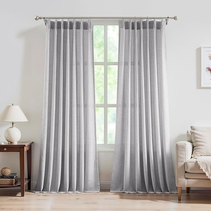 FMFUNCTEX Pinch Pleated Curtains 96 Inches Long for Living Room, Dove Grey Semi Sheer Faux Linen Textured Pleat Drapes for Bedroom with Hooks, Light Filtering Farmhouse Window Drapes 2 Panels-Ruum Studio Home