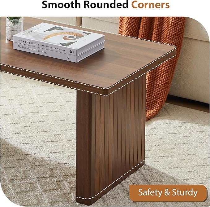 Rectangular Fluted Coffee Table, Farmhouse Wood Coffee Table Mid Century Modern Center Table Boho Living Room Tables for Living Room Office (Walnut, 19.69" D x 43.3" W x 17.72" H)-Ruum Studio Home
