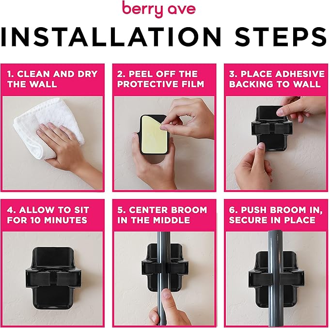 Combo 5 Slot Broom Holder w/ 1 Self Adhesive Mop Gripper No-Drilling, Wall Mount Tool Organizers For Kitchen, Garage, Laundry Room- Anti-Slip Hanger For Brooms, Mops, Rakes, Dustpans (Black / Black)-Ruum Studio Home