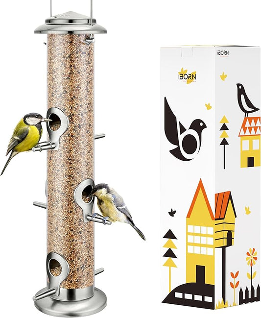 iBorn Metal Bird Feeders 6 Ports Hanging Wild Bird Seed Feeder for Mix Seed Blends, Niger Seed Feeder, Sunflower Heart, Birdbath, Heavy Duty All Metal Nickle Finishing 14 Inch 6Port-Ruum Studio Home