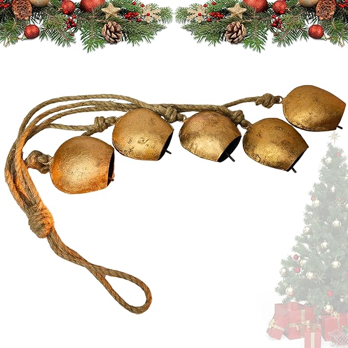 Harmony 5 Cow Bells Cluster on Rope - Large Rustic Vintage Lucky Cow Bells On Rope Wall Hanging Decor-Ruum Studio Home