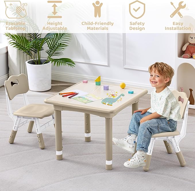 Kids Table and 2 Chairs Set, Height Adjustable (17.7"-26.1") Toddler Table and Chair Set, Multi-Activity Table with Graffiti Desktop, Children’s Table and Chairs for Classroom, Home & Daycare-Ruum Studio Home