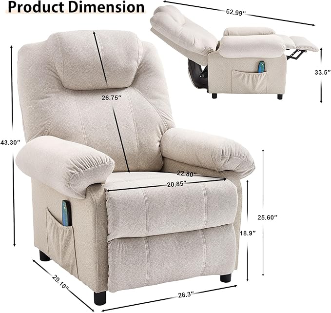KCREAM Massage Chair Recliner with Heating,Recliner Chair for Adults,Small Recliners for Small Spaces Overstuffed Reclining Chairs Single Sofa Recliners with Side Pocket for Living Room,Fabric Beige-Ruum Studio Home