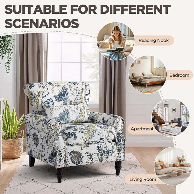 Wingback Accent Chair with Removable Pillow, High Back Floral Armchair with Solid Wood Legs & Nailhead Trim, Comfy Upholstered Reading Single Sofa Chair for Bedroom (1, Blue Floral Pattern)-Ruum Studio Home