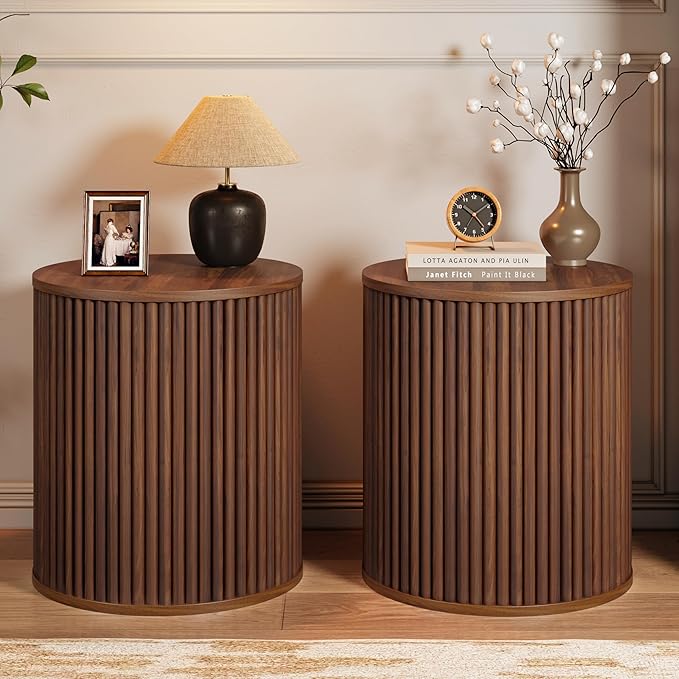 AVZEAR Small Round Side Table Fluted Night Stand Set of 2, Mid Century Modern End Table with Storage, Circle Bedside Tables Wood Nightstands for Small Spaces, Living Room, Bedroom (Walnut)-Ruum Studio Home