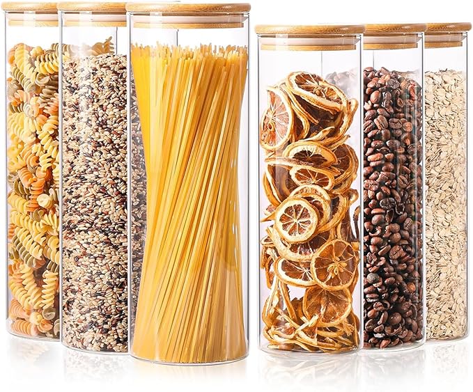 ComSaf Glass Food Storage Jars Set of 6, Tall Glass Storage Containers with Lids, Spaghetti Jar, Canisters Set for the kitchen, Pasta, Flour, Nuts, Oat, Coffee and Sugar Container, Pantry Organization-Ruum Studio Home