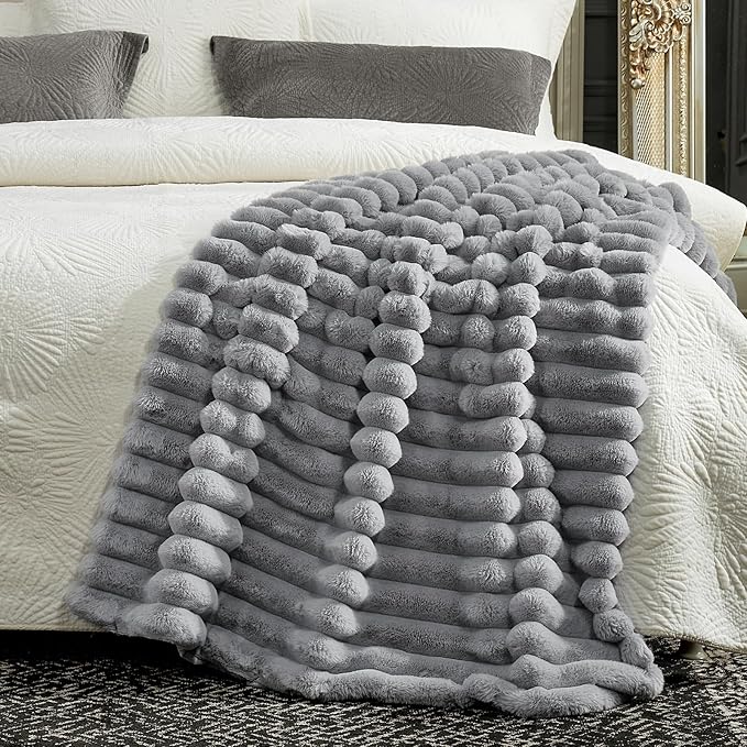 Cozy Bliss Faux Fur Throw Blanket for Couch, Cozy Warm Plush Striped Blanket for Sofa Bedroom Living Room,50 * 60 Inches Grey-Ruum Studio Home