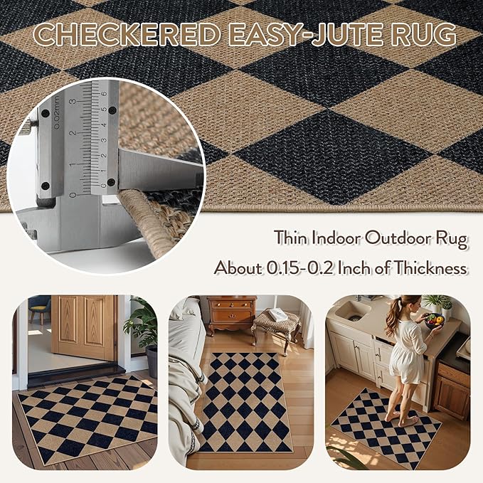 Lahome Checkered Easy Jute Kitchen Rug, 2x3 Indoor Door Mat Small Neutral Area Rug, Farmhouse Diamond Non Slip Non Shedding Lightweight Floor Carpet for Entry Porch-Ruum Studio Home
