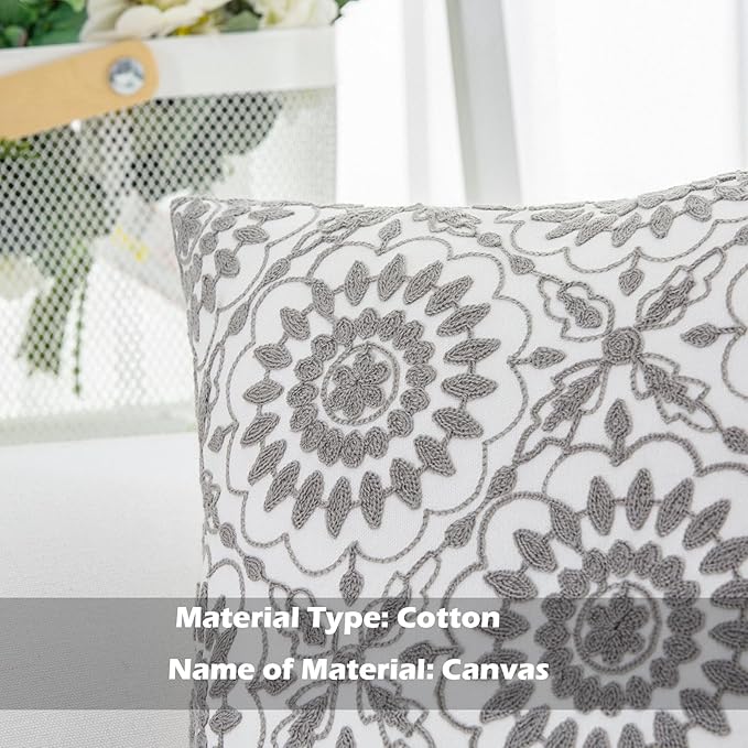 HWY 50 Gray Grey Decorative Throw Pillow Covers 18x18 Inch (1 Piece), Embroidered Cotton Farmhouse Cushion Cover Pillow Case for Sofa Couch Living Room Bed, Little Sunflower-Ruum Studio Home