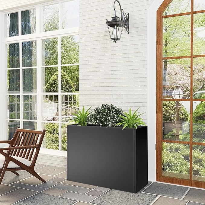 Tall Metal Cube Planter for Outdoor Plants 30" L x 12" W x 24" H, Heavy Duty Steel Large Planter Box with Removable Insert Shelf, Modern Décor for Tall Plants, Trees, Flowers (Black)-Ruum Studio Home