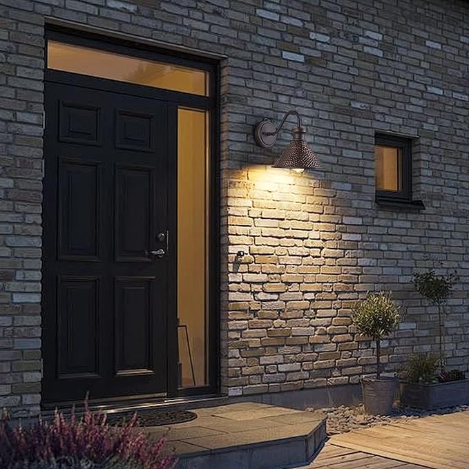 Dusk to Dawn Outdoor Gooseneck Wall Sconce with Dark Sky Cast Hammered Aluminum Shade in Oil Rubbed Bronze Finish,Anti-Rust Waterproof Outdoor Light for Farmhouse Porch Garage,1-Light E26-Ruum Studio Home
