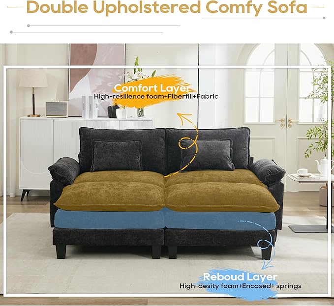 URRED Modular Sectional Sofa Comfy Cloud Couch, Modern Chenille Sofa Sleeper Deep Seat Couches with Ottoman/Pillows for Living Room (Black, 82.6''- 2 Ottomans)-Ruum Studio Home