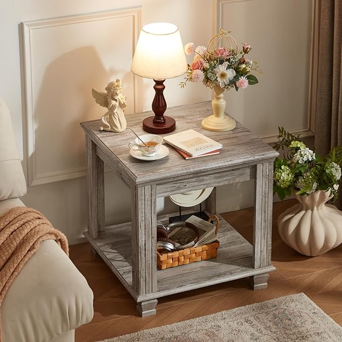 Farmhouse End Table,Large Side Table with 2-Tier Storage Shelf,Rustic Wood End Tables for Living Room,Square Tea Table,Gray-Ruum Studio Home