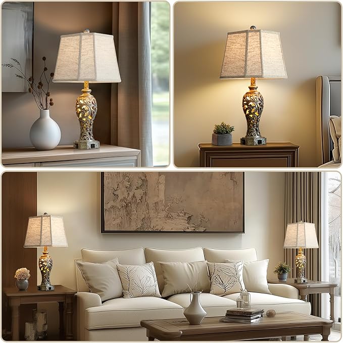 Vintage Table Lamps Set of 2 for Living Room Bedroom, 2 USB Ports 25'' Rustic Farmhouse Desk Lamp with Nightlight, Iron Gray Hollow Out Resin Lamp for End Table (Bulbs Included)-Ruum Studio Home