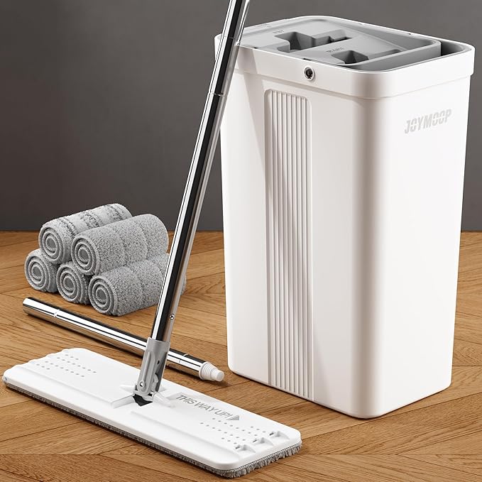 JOYMOOP Mop and Bucket with Wringer Set, White Flat Squeeze Mop Bucket Set for Floor Cleaning, Wet Dry Mops for Walls, Wall Cleaner with Long Handle, Hardwood Floor Mop-5 Microfiber Cloths-Ruum Studio Home