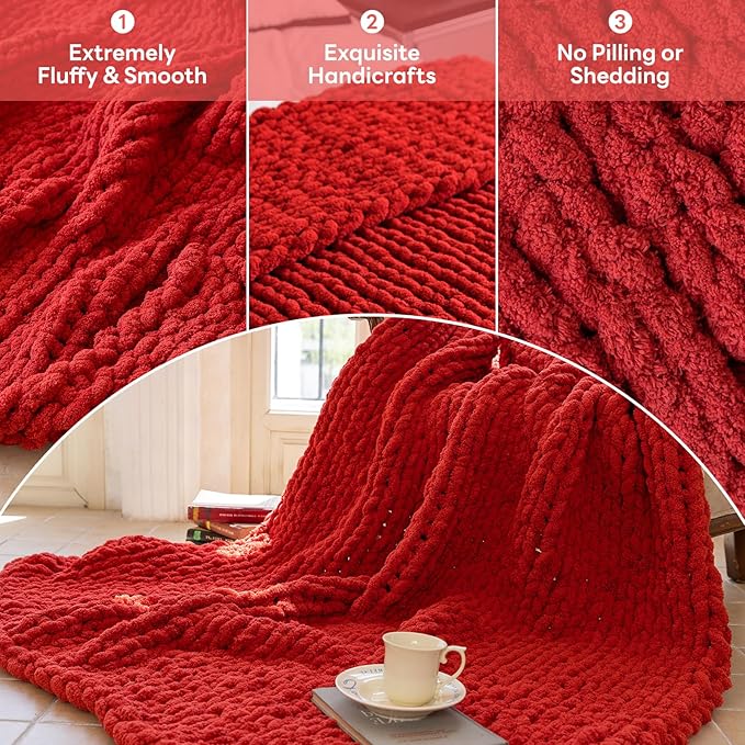 Chunky Knit Blanket - Luxury Soft Cozy 40 * 50 Throw Blanket,100% Woven Blanket Rope Knot Throw Blanket for Couch, Sofa, Home Decor, Gift - Machine Washable（Wine red）-Ruum Studio Home