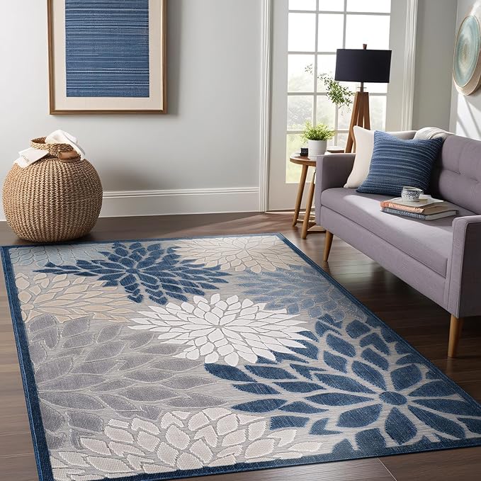 Beverly Rug Outdoor Rug 9x12 Large Modern Floral Tropical Area Rugs for Indoor and Outdoor Patio Easy to Clean Non Shedding Living Room Porch Garden Washable Outside Carpet (9 x 12 Blue)-Ruum Studio Home
