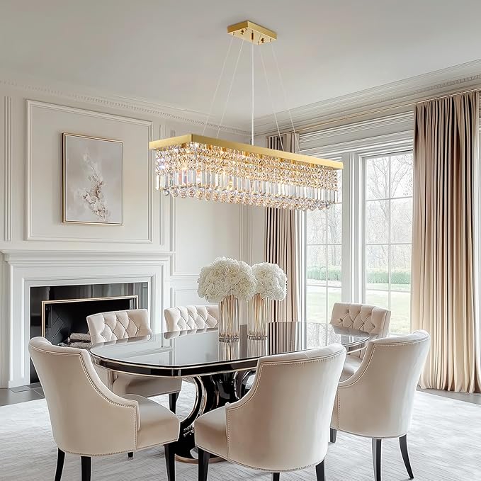 Modern Crystal Chandelier for Dining Room,Gold Luxury Crystal Chandelier,8 Lights Rectangular Rectangle Light Fixture for Living Room Kitchen Island L40''xW10''xH10''-Ruum Studio Home