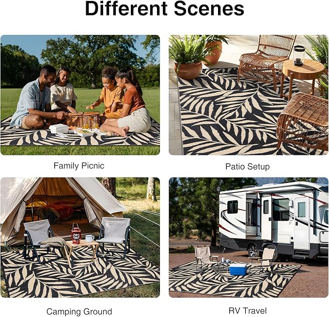 OLANLY Waterproof Outdoor Rug 9x12 ft, Reversible Outdoor Plastic Straw Rug with Leaf Pattern, RV Mat, Indoor Outdoor Carpet for Patio, Camping, Balcony, Deck, Backyard, Black & Beige-Ruum Studio Home