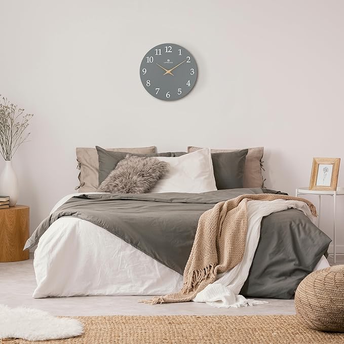 Lafocuse 12 Inch Silent Grey Wall Clock Battery Operated for Living Room Decor, Simple Minimalist Wooden Wall Clock for Kitchen Bedroom Office-Ruum Studio Home