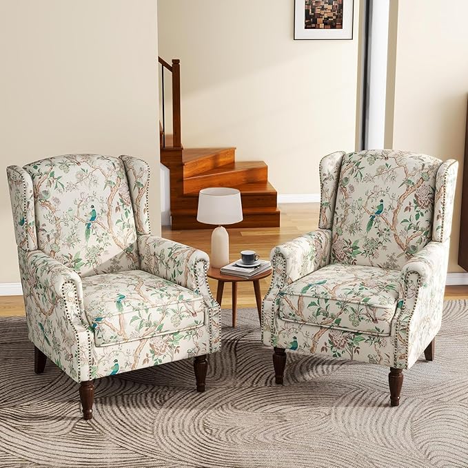 UIXE High Back Accent Chairs Set of 2, Fabric Upholstered Armchair for Living Room, Retro Printed Wingback Arm Chair Rivet Trimed Single Sofa Bedroom Reading Seat - Bird Floral-Ruum Studio Home