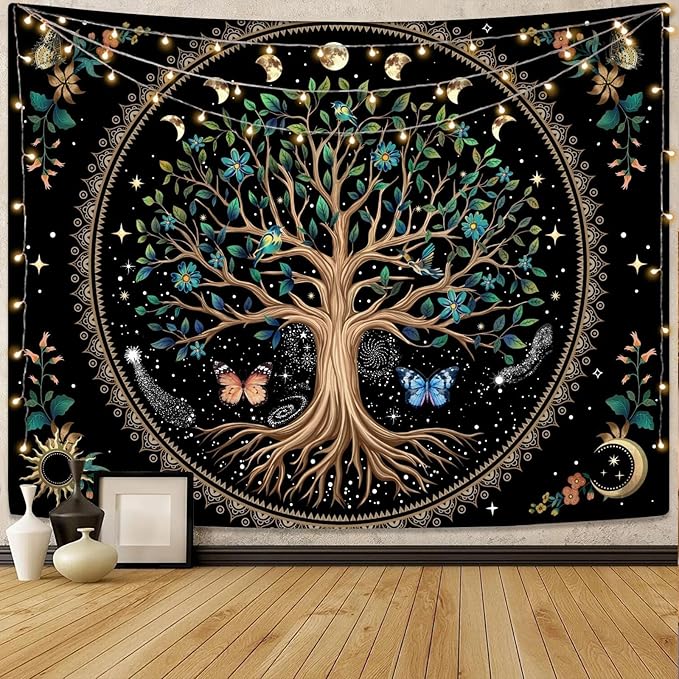Lunerfex Tree of Life Tapastry Sun and Moon Tapastry Flower Boho Tree Mandala Wall Hanging for Bedroom and Living Room Decor Green Tree 70×90 Inches-Ruum Studio Home