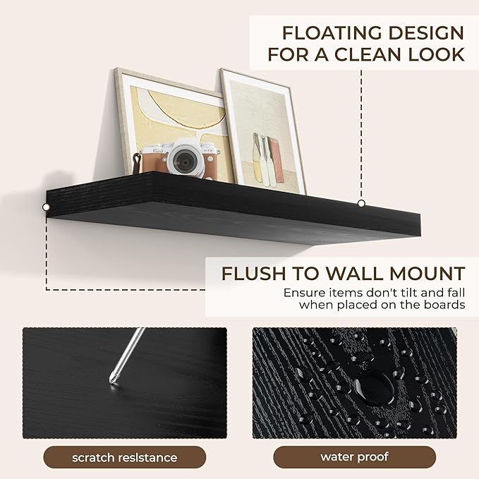 RICHFOCUS 36Inch Floating Shelves for Wall 2 Pack Shelves for Bedroom|Kitchen|Bathroom Wall Mounted Rustic Wood Floating Shelf with Invisible Brackets for Books|Storage|Decor, Black-Ruum Studio Home