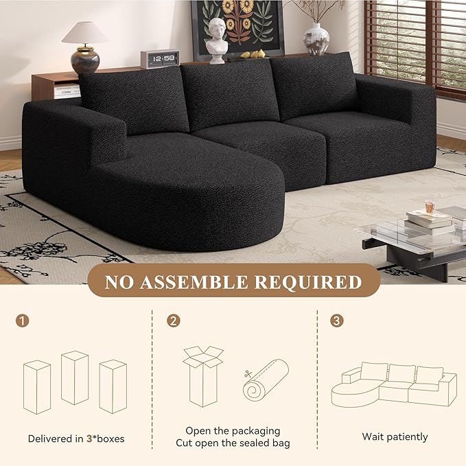 Modular Sectional Sofa with L-Shape Chaise,Cloud Sectional Modern Sleeper Couch with Deep Seat,Sponge Compression Sofas No Assembly Required (Black-Sherpa Fabric) 1PCS-Ruum Studio Home