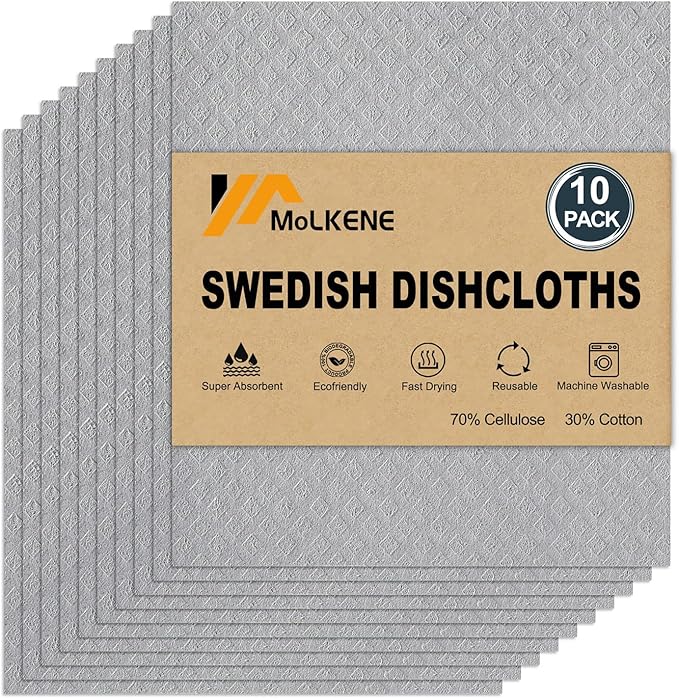 Swedish Dishcloths for Kitchen | 10 Pack Absorbent Cellulose Sponge Cloths Washable | Non-Scratch Reusable Paper Towels Quick Drying Cleaning Rag - Grey-Ruum Studio Home