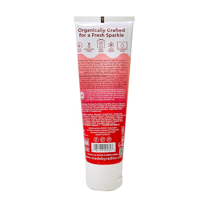 RADIUS USDA Organic Kids Toothpaste 3oz Non Toxic Chemical-Free Gluten-Free Designed to Improve Gum Health for Children's 6 Months and Up - Dragon Fruit - Pack of 6-Ruum Studio Home