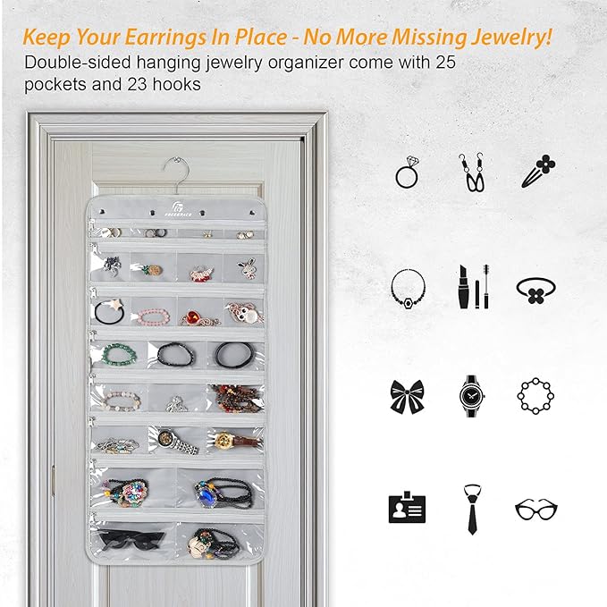 Freegrace Hanging Jewelry Organizer Revolving Hanger - Secure Zipper Closure - 25 Pockets,23 Hooks - Foldable Storage & Display Solution - For All Jewelry & Bijoux (Gray)-Ruum Studio Home