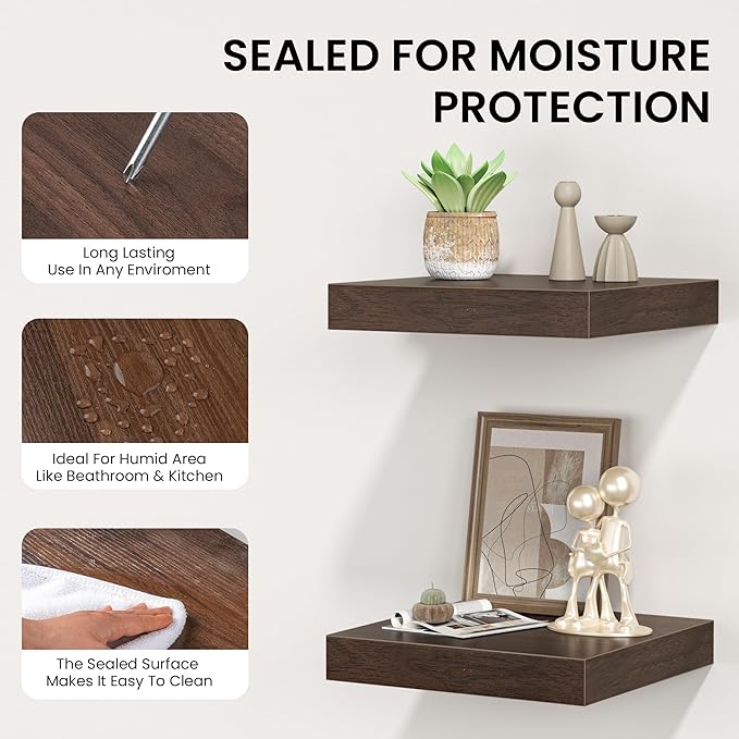 Square Floating Shelves for Wall, 8" W x 8" D x 1.2" H, Small Wooden Wall Mounted Display Shelves with Invisible Brackets for Living Room, Bedroom, Bathroom, Kitchen Decor, Set of 4, Walnut-Ruum Studio Home