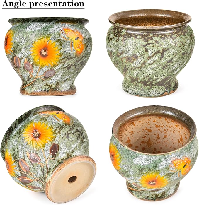 Sungmor Ceramic Hand Painted Succulent Flower Pots, 9 Inch Large Pottery Pots for Indoor Outdoor Plants, Decorative Ceramic Vase for Flower Arrangement Home Decor, Vintage Centerpieces Flowerpot-Ruum Studio Home