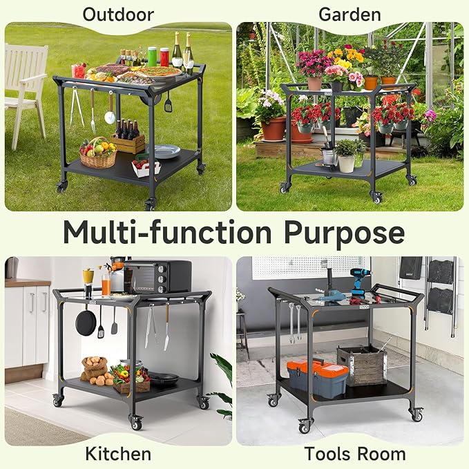 NUUK Grill Cart for Outdoor 32" x 32" Stainless Steel Pizza Oven Table with Double-Shelf Rolling BBQ Kitchen Food Prep Cart for Garden Patio-Ruum Studio Home