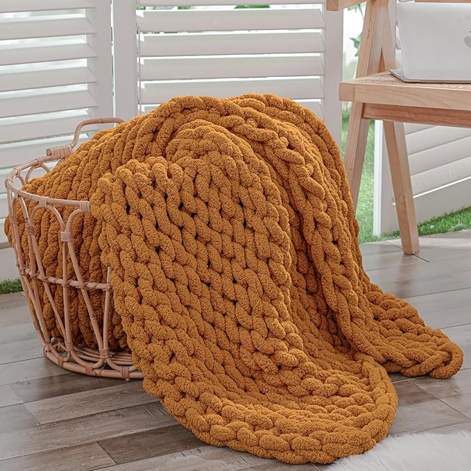 Bigacogo Chunky Knit Throw Blanket for Couch, 40x60 inches, 100% Hand Knitted with Thick Jumbo Chenille Yarn, Cozy Soft Large Rope Knot Cable Crochet Blankets for Sofa Bed Living Room, Burnt Orange-Ruum Studio Home