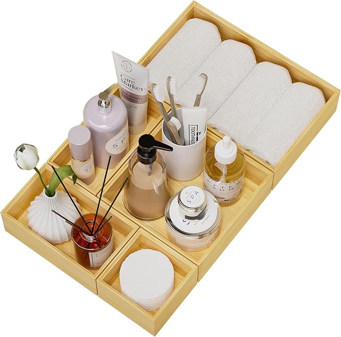 Bamboo Drawer Organizer Set, 5 PCS Multi-use Varied Sizes Junk Drawer Organizer Kitchen Storage Box for Office, Home, Bedroom, Bathroom, Bamboo-Ruum Studio Home