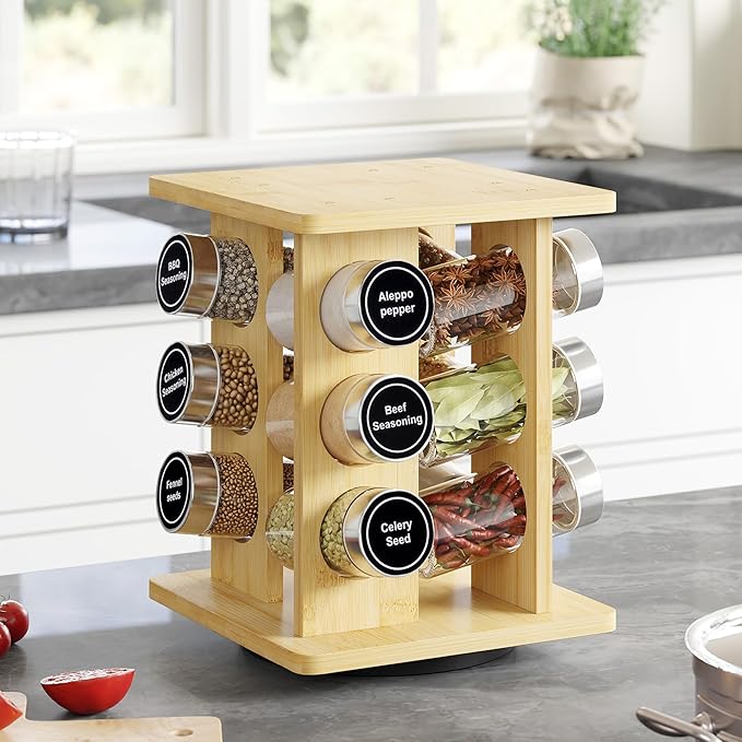 WelFurGeer Bamboo Spice Rack Organizer for Countertop, Revolving Spice Shelf with 12 Glass Jars, Lids & Labels, Desktop Rotating Seasoning Organizer for Kitchens, Space-Saving Design-Ruum Studio Home