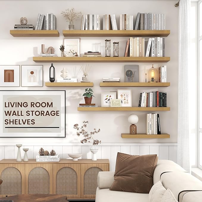 Floating Shelves - 2 Large Wall Mounted Shelves with Invisible Brackets, Long Wood Floating Wall Shelf for Living Room, Bedroom, Kitchen (Oak, 48" W x 9" D x 1.5" H)-Ruum Studio Home