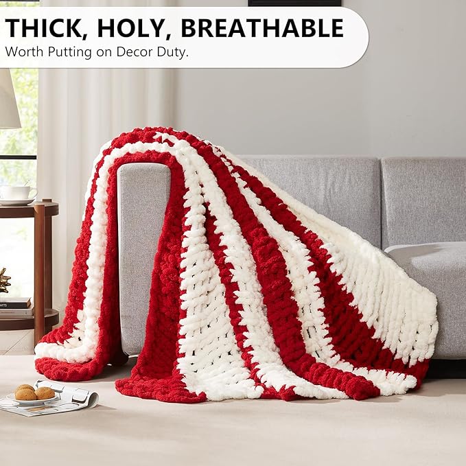 L'AGRATY Chunky Knit Blanket Throw: 72''x84'' Chenille Chunky Knitted Throw Blanket for Bed Couch - Handmade Thick Big Cable Knit Blanket - Large Chunky Crochet Blanket for Home Decor(Red White)-Ruum Studio Home