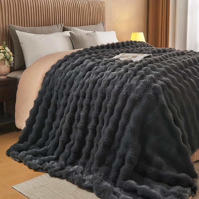 Lotus Karen Queen Size Faux Fur Blanket Dark Gray - Big Bubble Rabbit Fluff Throw for Bed Large Fluffy Fuzzy Cozy Thick Furry Plush Shaggy Blankets 90x90 Inches-Ruum Studio Home
