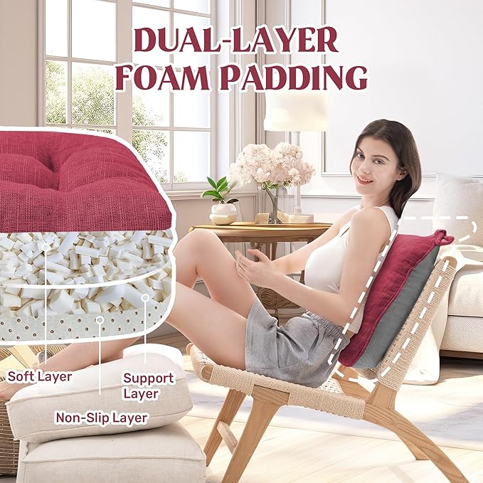 puredown® Chair Cushions for Dining Chairs, Tufted Memory Foam Chair Pads with Non-Slip Backing, Kitchen Seat Cushions with Ties, Washable Pads Set of 4, 15.5" x 15.5" x 4", Wine-Ruum Studio Home
