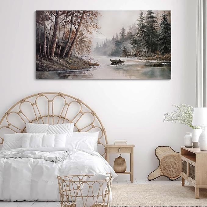 HGUAOA Mountain Canvas Wall Art Rustic Lake Landscape - Nature & Forest Scenery Paintings Pictures for Living Room & Bedroom Wall Decor Vintage Artwork for Walls-Ruum Studio Home