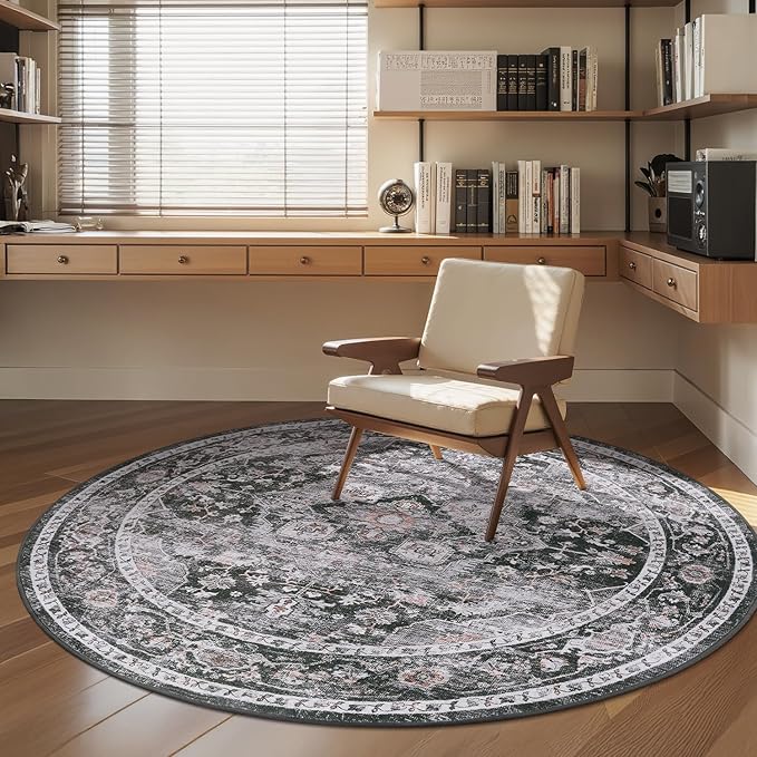 AMOAMI-6FT Round Rug-Rugs for Living Room-Vintage Soft Black Rugs for Bedroom-Non Slip Circle Rug-Machine Washable Rug for Dining Room Living Room Bedroom Office Under Table Dark Grey & Black-Ruum Studio Home